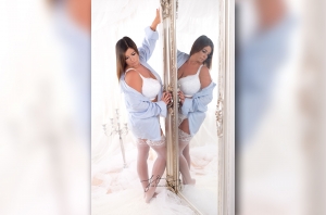 Mirror boudoir posing on elegant white background. Captured by New Generation Portraits Ltd