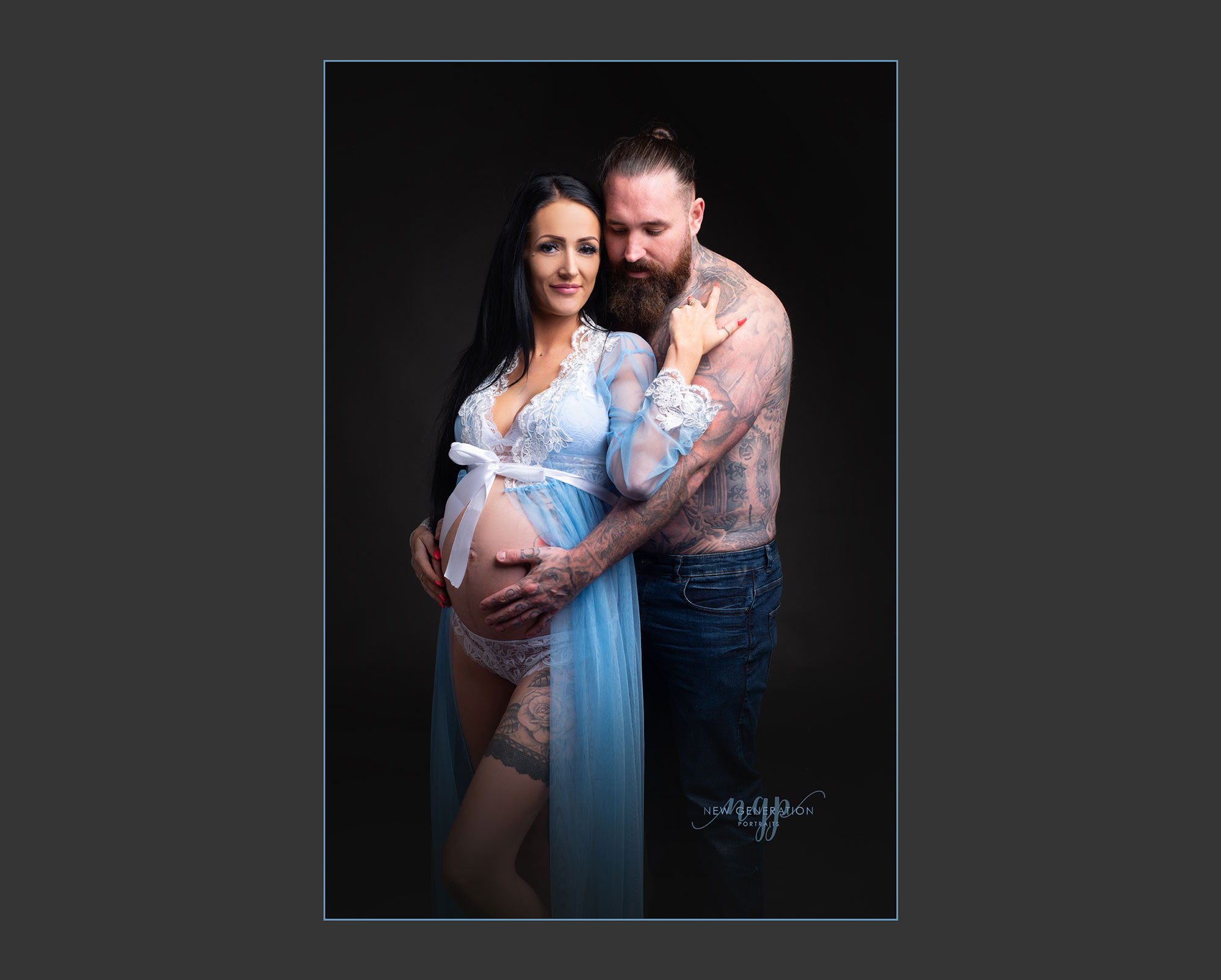 Couples boudoir maternity. Dad holding mum tummy from behind. Captured by New Generation Portraits